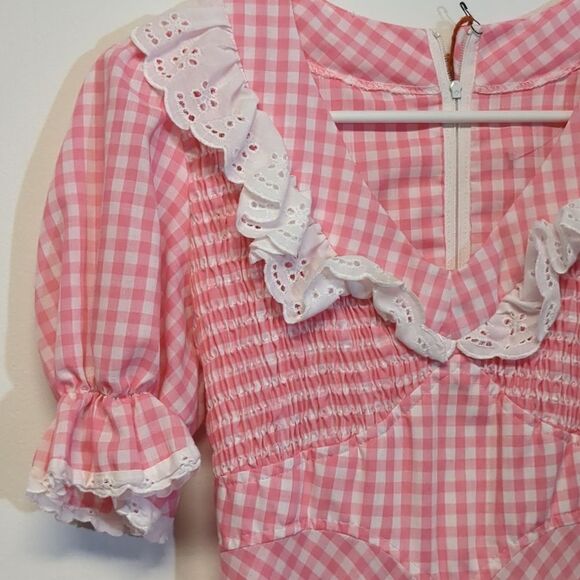 Vintage 1970s Pink White Gingham Ruffled Prairie Maxi Dress, Size XS - Picture 7 of 16